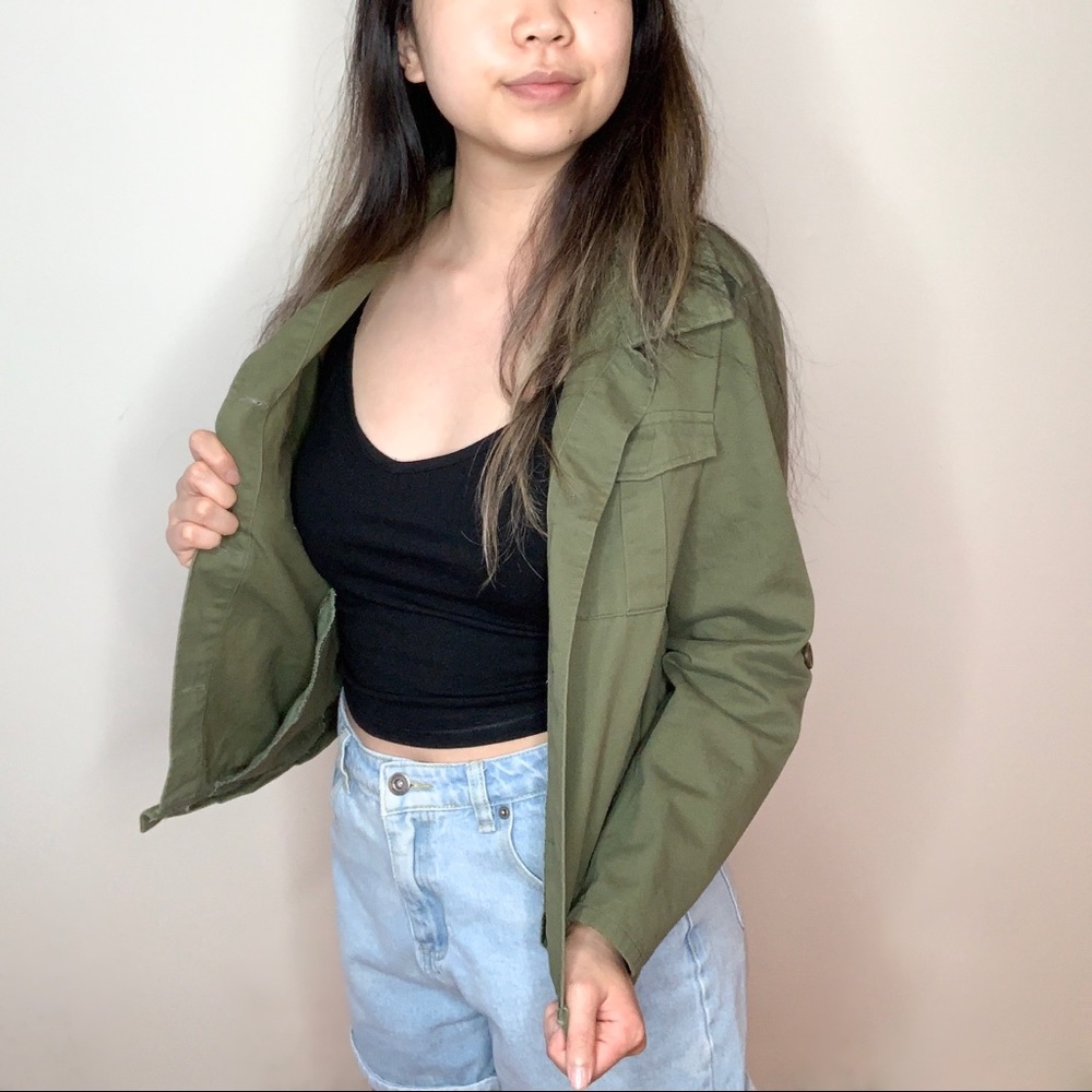 olive green military utility jacket